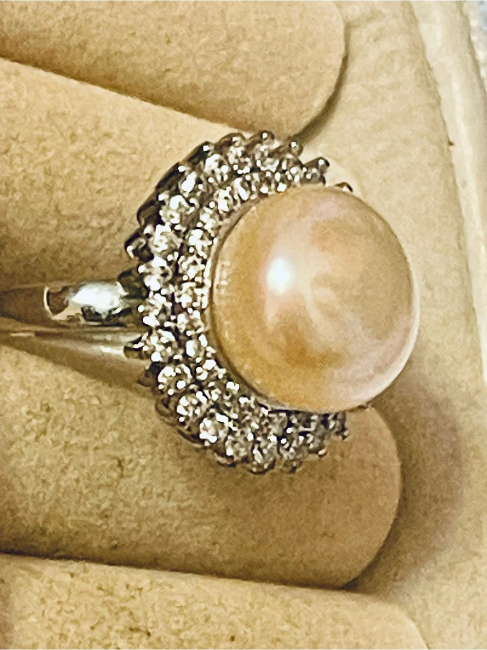 Natural South Sea Cream Pearl Flower Shape Halo Cubic Zirconia Silver Plate 8-10